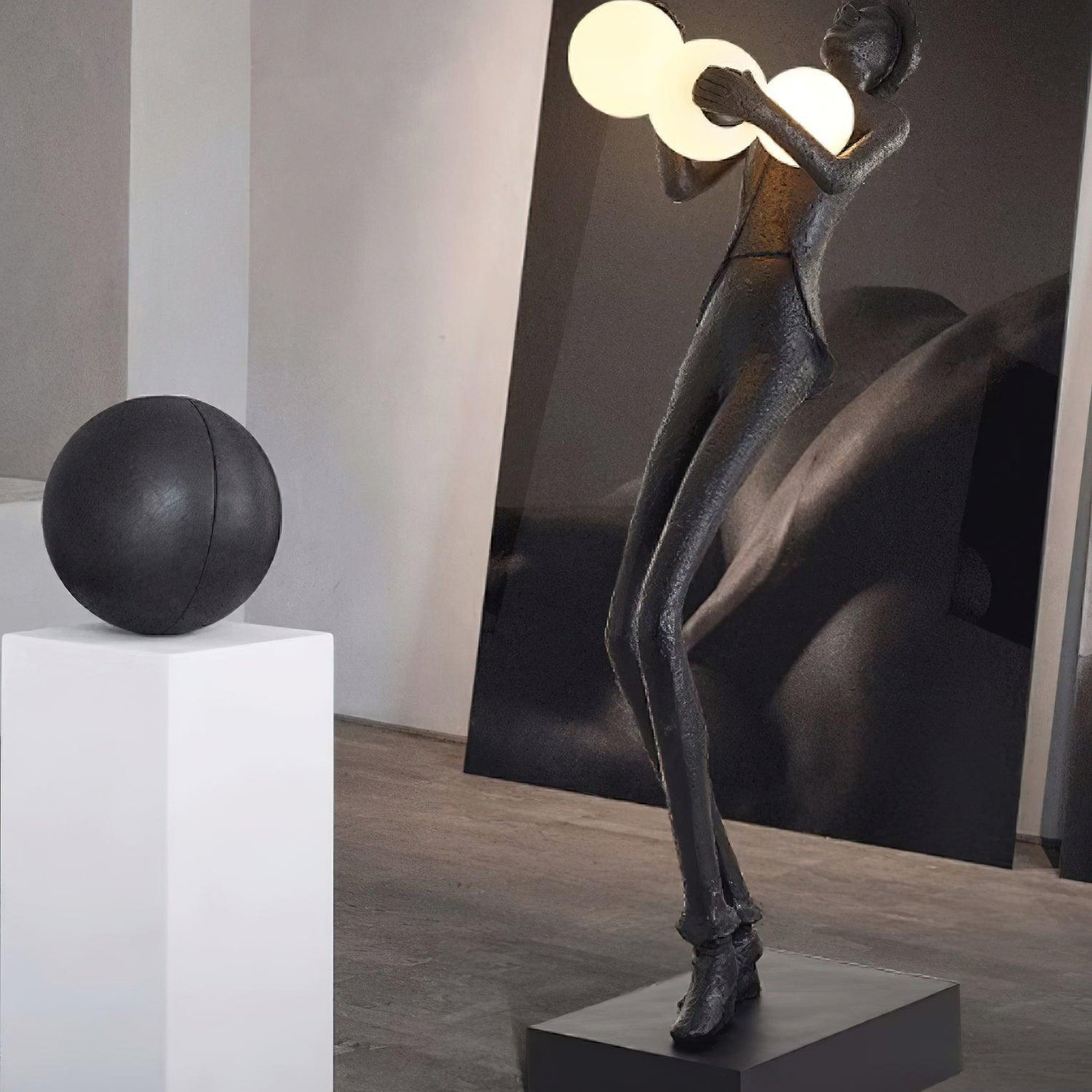 Modern Gentleman Sculpture Standing Floor Lamp with Glowing Glass Globes