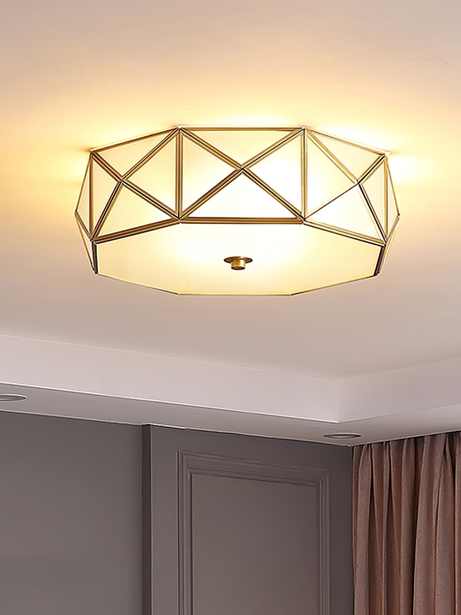 Modern Geometric Glass Flush Mount Ceiling Light Brass Gold Finish Mid Century Lighting