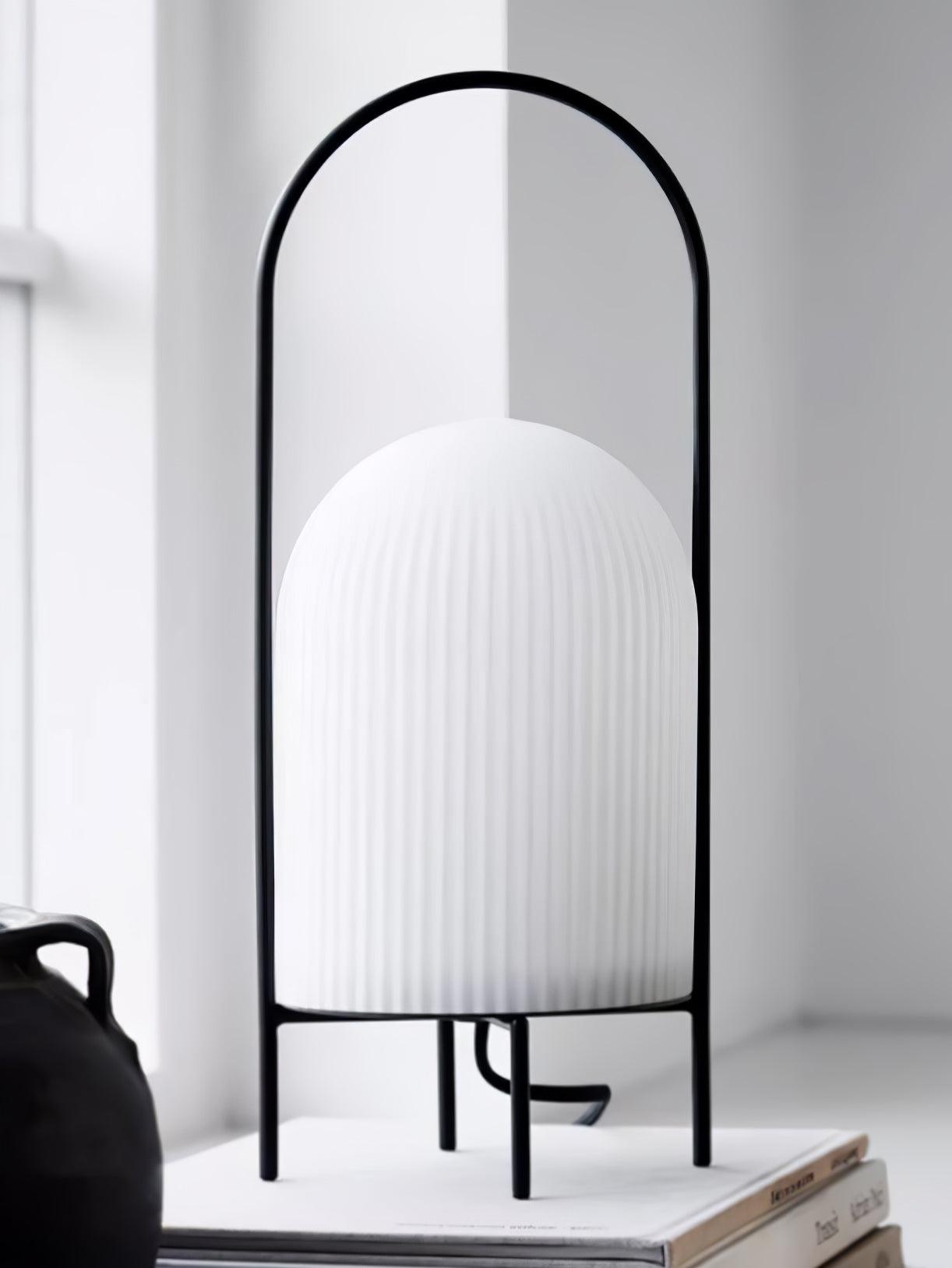 Modern Ghost Accent Table Lamp with Milk White Glass Dome and Portable Arched Metal Stand