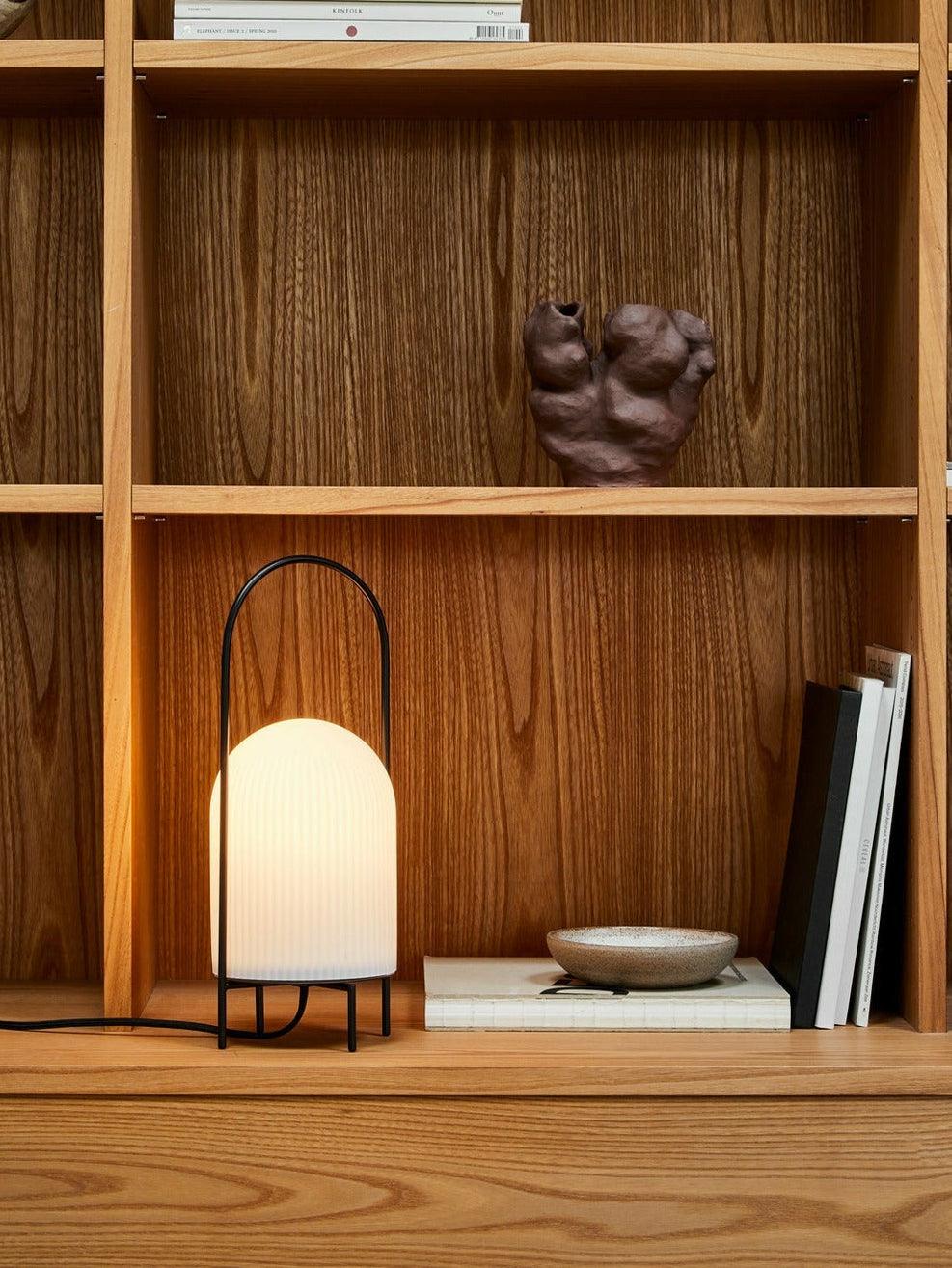 Modern Ghost Accent Table Lamp with Milk White Glass Dome and Portable Arched Metal Stand