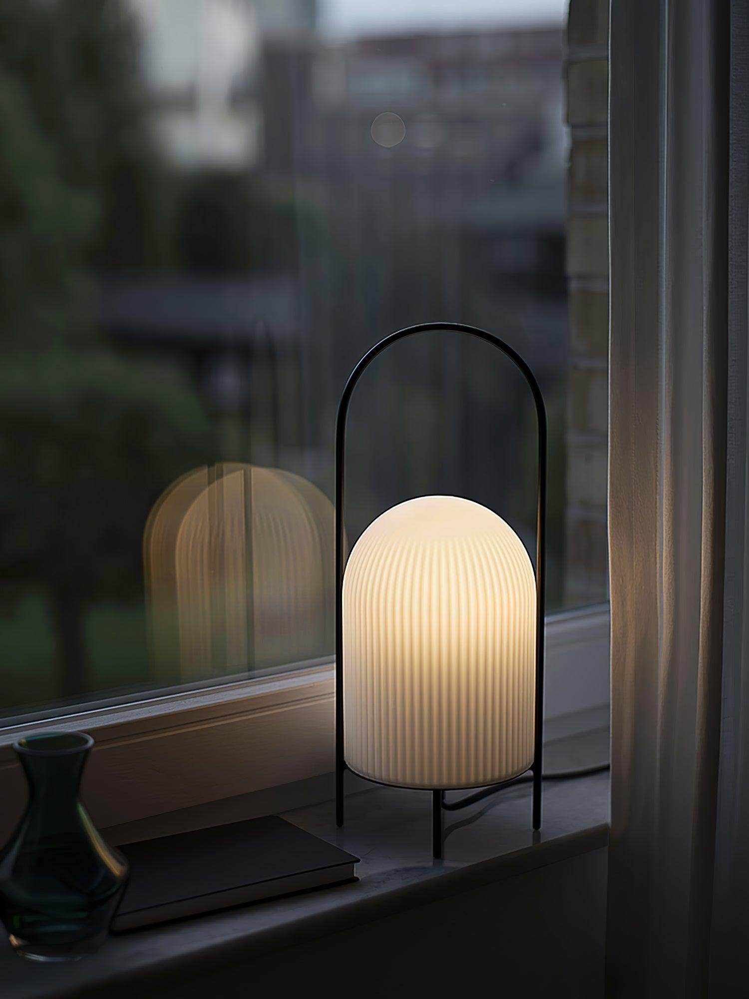 Modern Ghost Accent Table Lamp with Milk White Glass Dome and Portable Arched Metal Stand