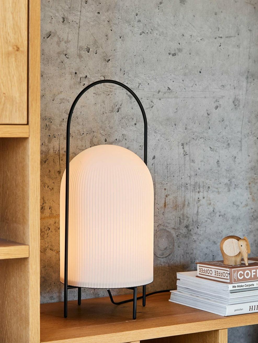 Modern Ghost Accent Table Lamp with Milk White Glass Dome and Portable Arched Metal Stand