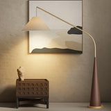 Modern Arching Floor Lamp with Wood Grain Finish and Golden Accents for Contemporary Living Rooms