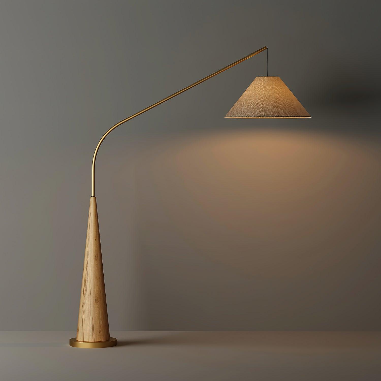 Modern Arching Floor Lamp with Wood Grain Finish and Golden Accents for Contemporary Living Rooms