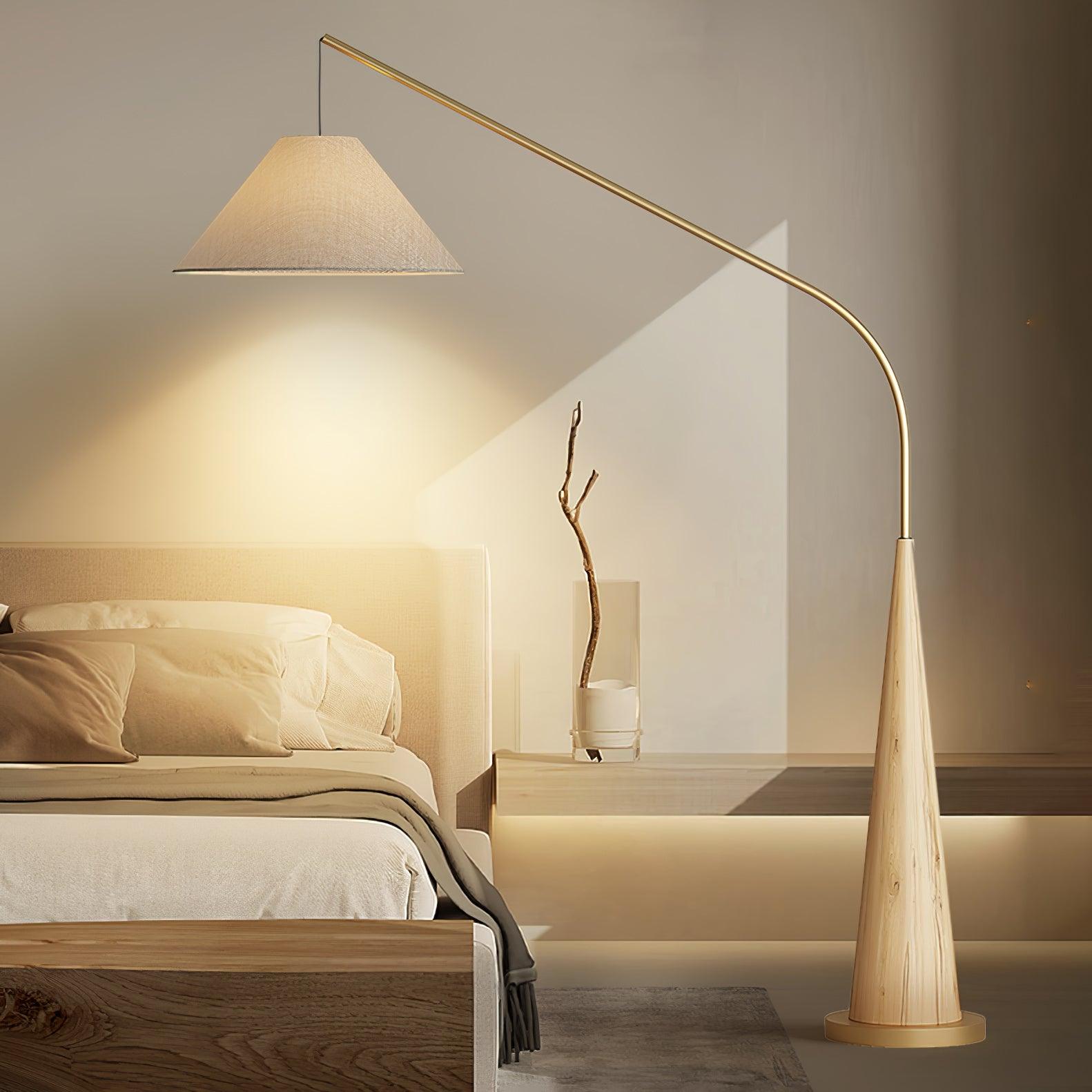 Modern Arching Floor Lamp with Wood Grain Finish and Golden Accents for Contemporary Living Rooms