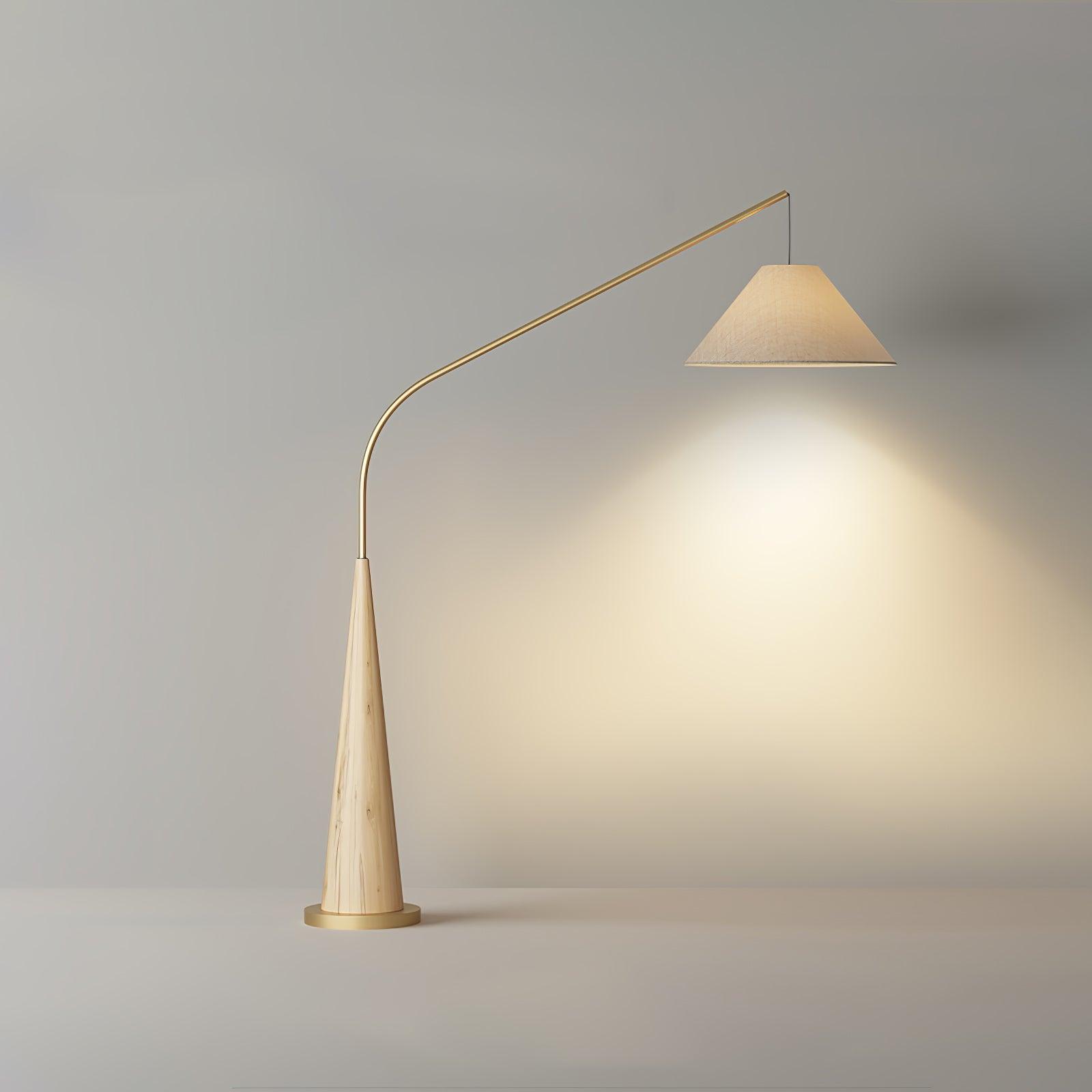 Modern Arching Floor Lamp with Wood Grain Finish and Golden Accents for Contemporary Living Rooms