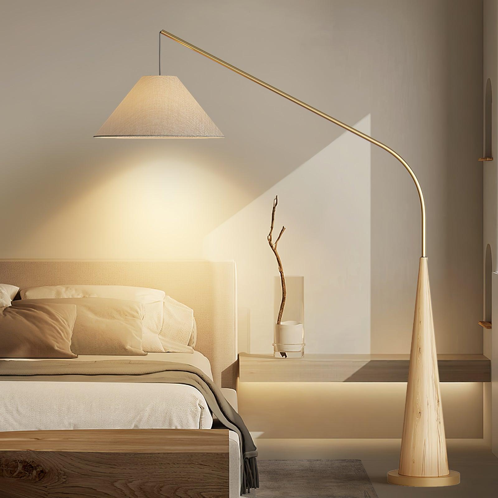 Modern Arching Floor Lamp with Wood Grain Finish and Golden Accents for Contemporary Living Rooms