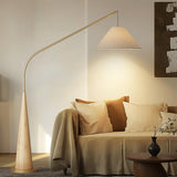 Modern Arching Floor Lamp with Wood Grain Finish and Golden Accents for Contemporary Living Rooms