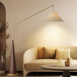 Modern Arching Floor Lamp with Wood Grain Finish and Golden Accents for Contemporary Living Rooms
