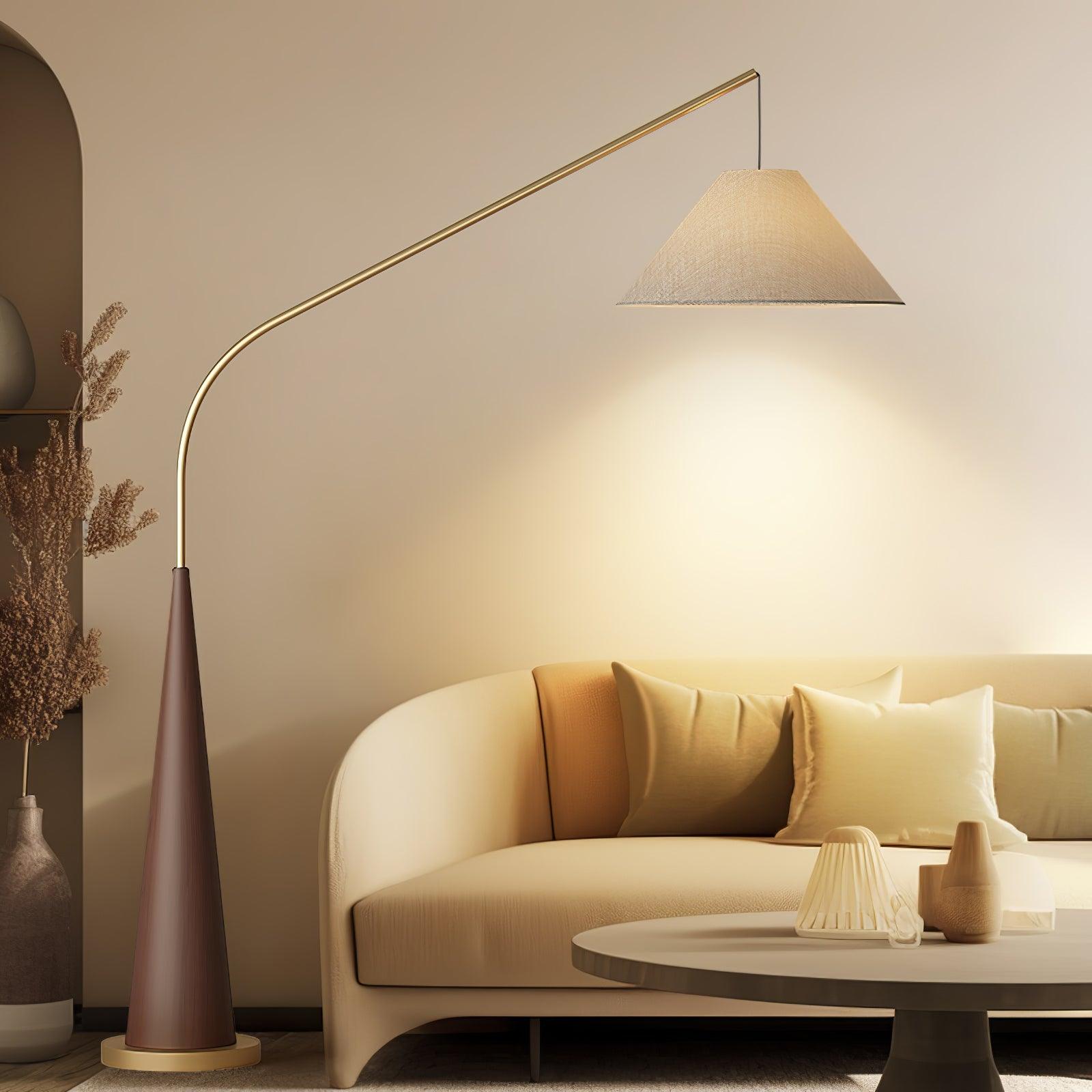 Modern Arching Floor Lamp with Wood Grain Finish and Golden Accents for Contemporary Living Rooms
