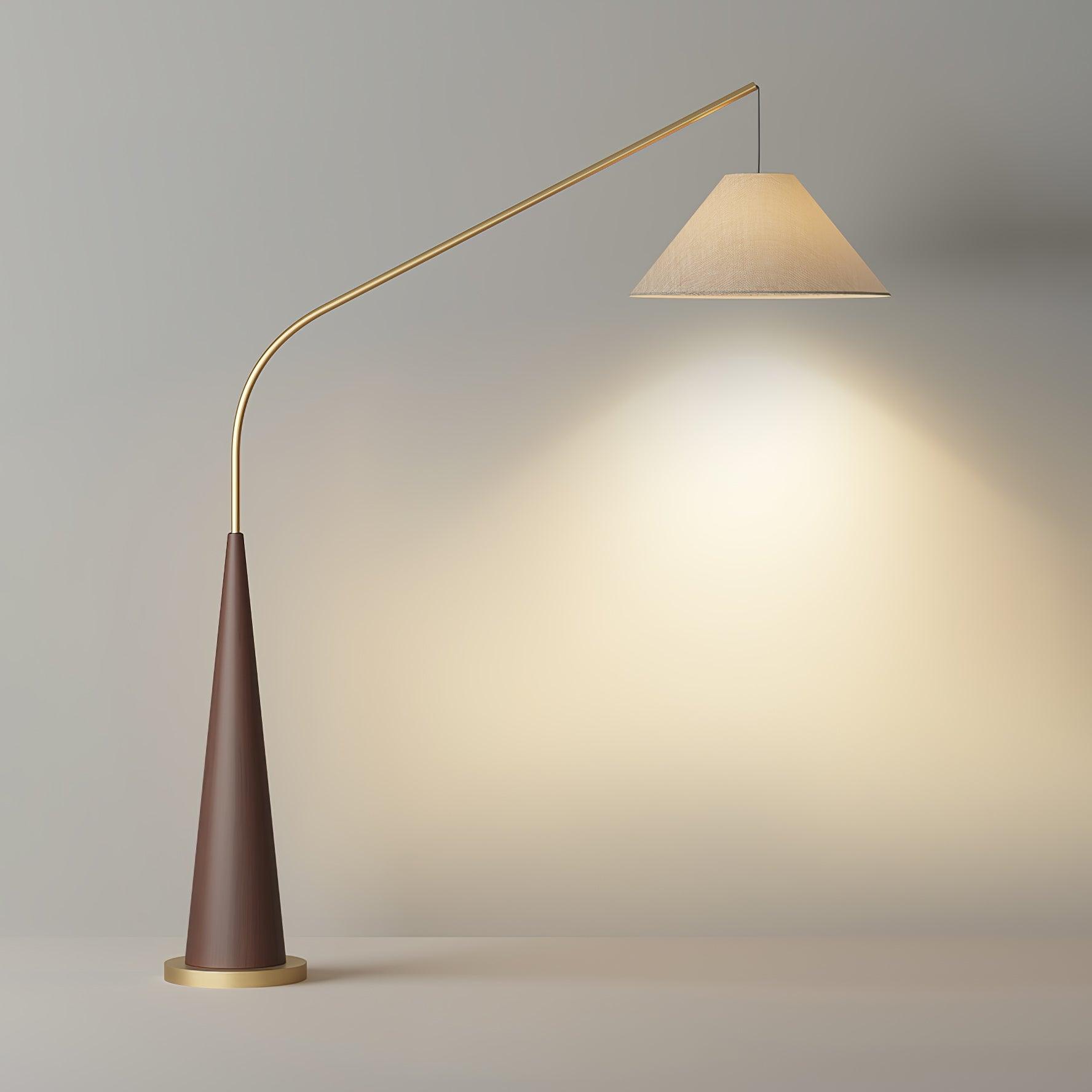 Modern Arching Floor Lamp with Wood Grain Finish and Golden Accents for Contemporary Living Rooms