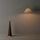 Modern Arching Floor Lamp with Wood Grain Finish and Golden Accents for Contemporary Living Rooms