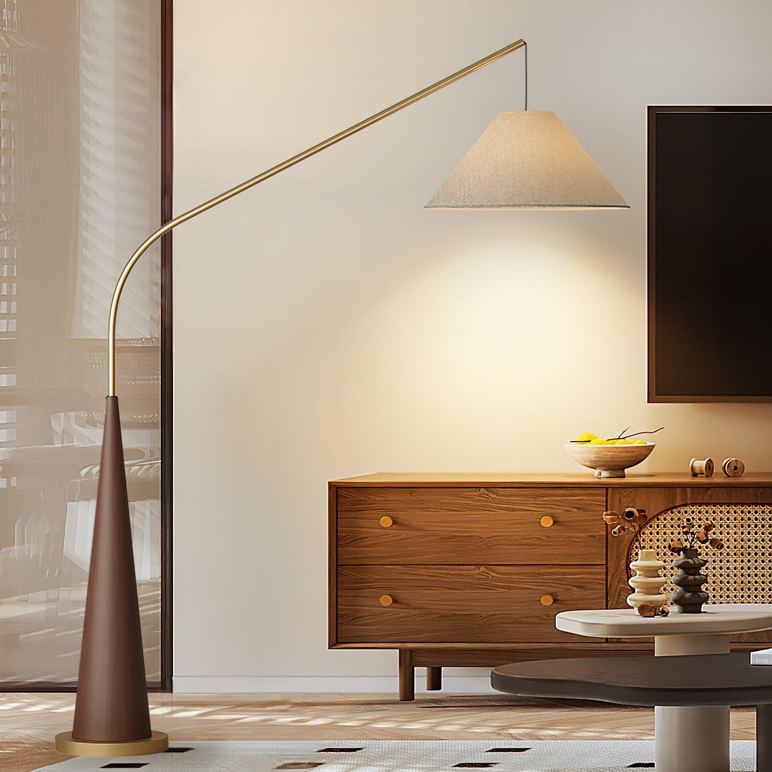 Modern Arching Floor Lamp with Wood Grain Finish and Golden Accents for Contemporary Living Rooms