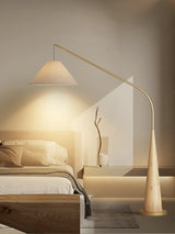 Modern Arching Floor Lamp with Wood Grain Finish and Golden Accents for Contemporary Living Rooms