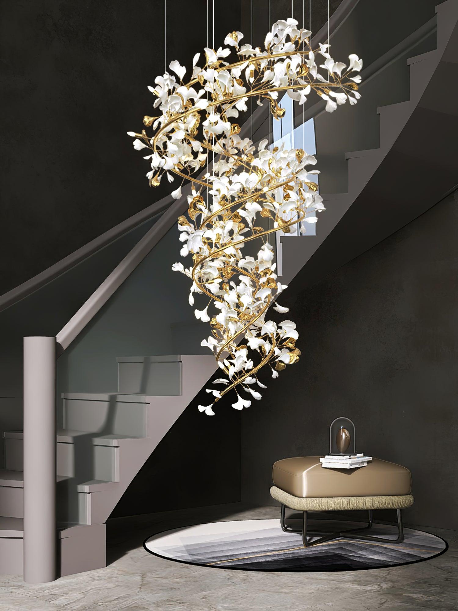 Ceramic Ginkgo Leaf Cascade Chandelier Luxury Pendant Light for Grand Entrances