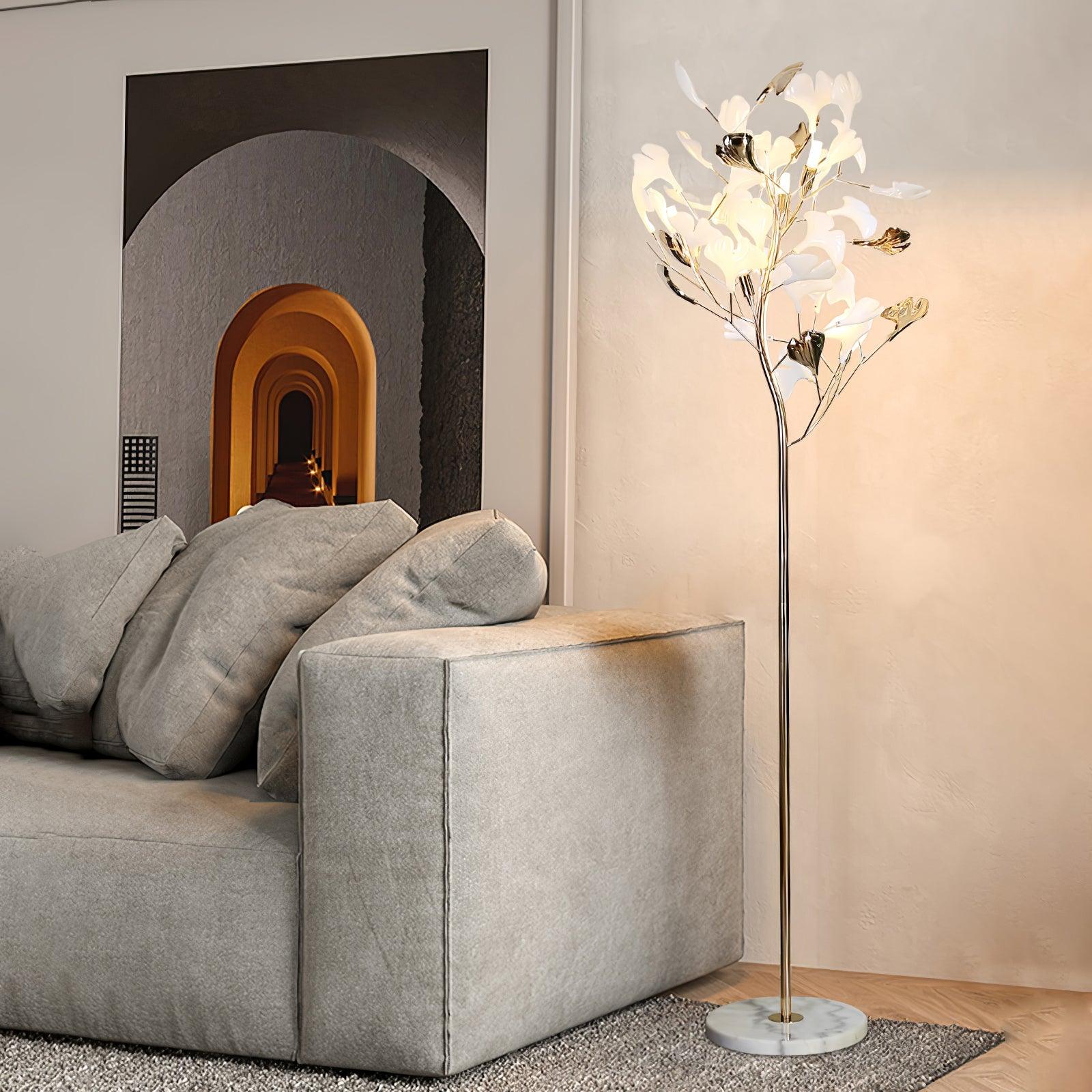 Luxury Porcelain Ginkgo Leaf Accent Standing Floor Lamp in Gold Finish