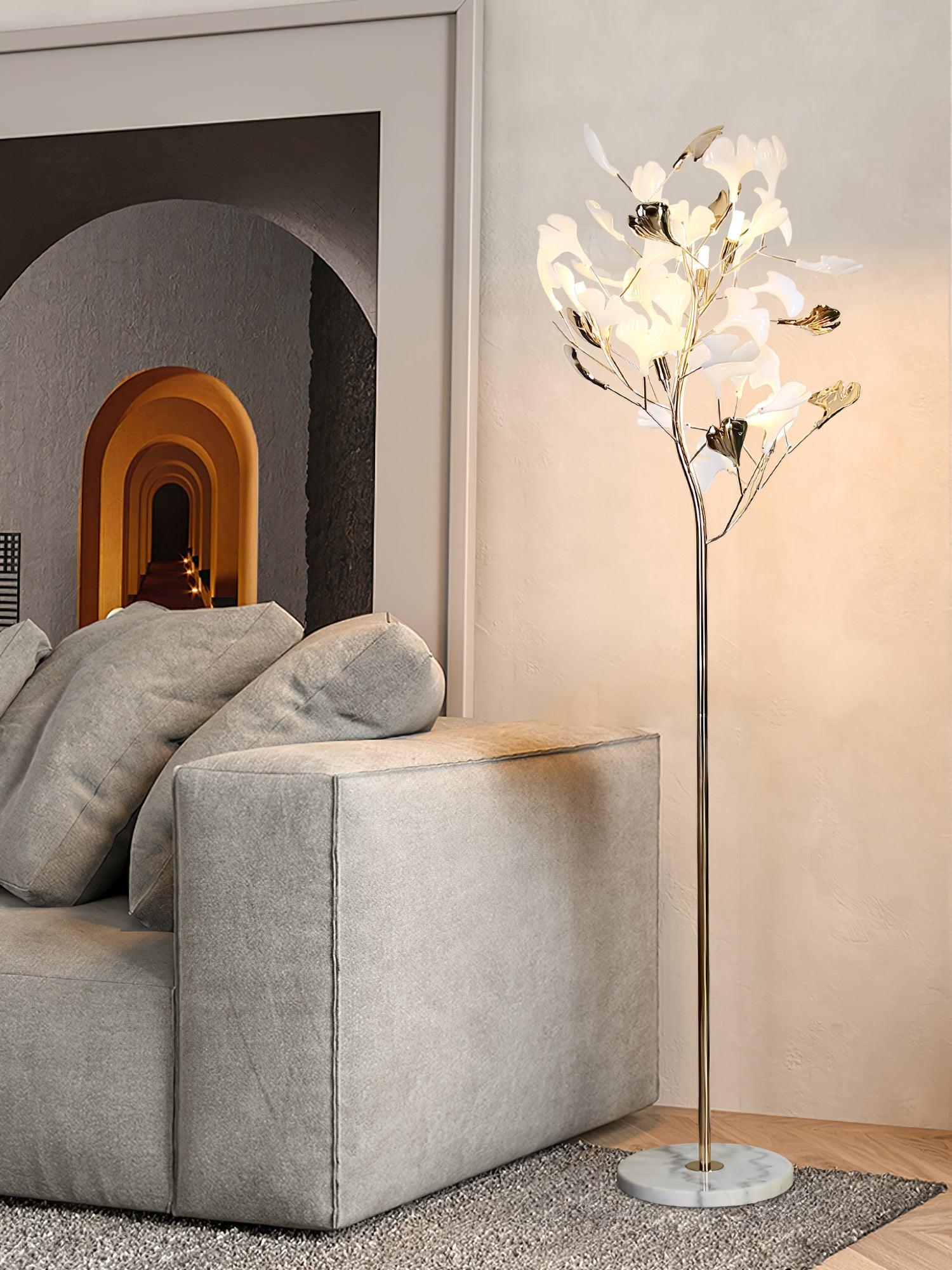 Luxury Porcelain Ginkgo Leaf Accent Standing Floor Lamp in Gold Finish