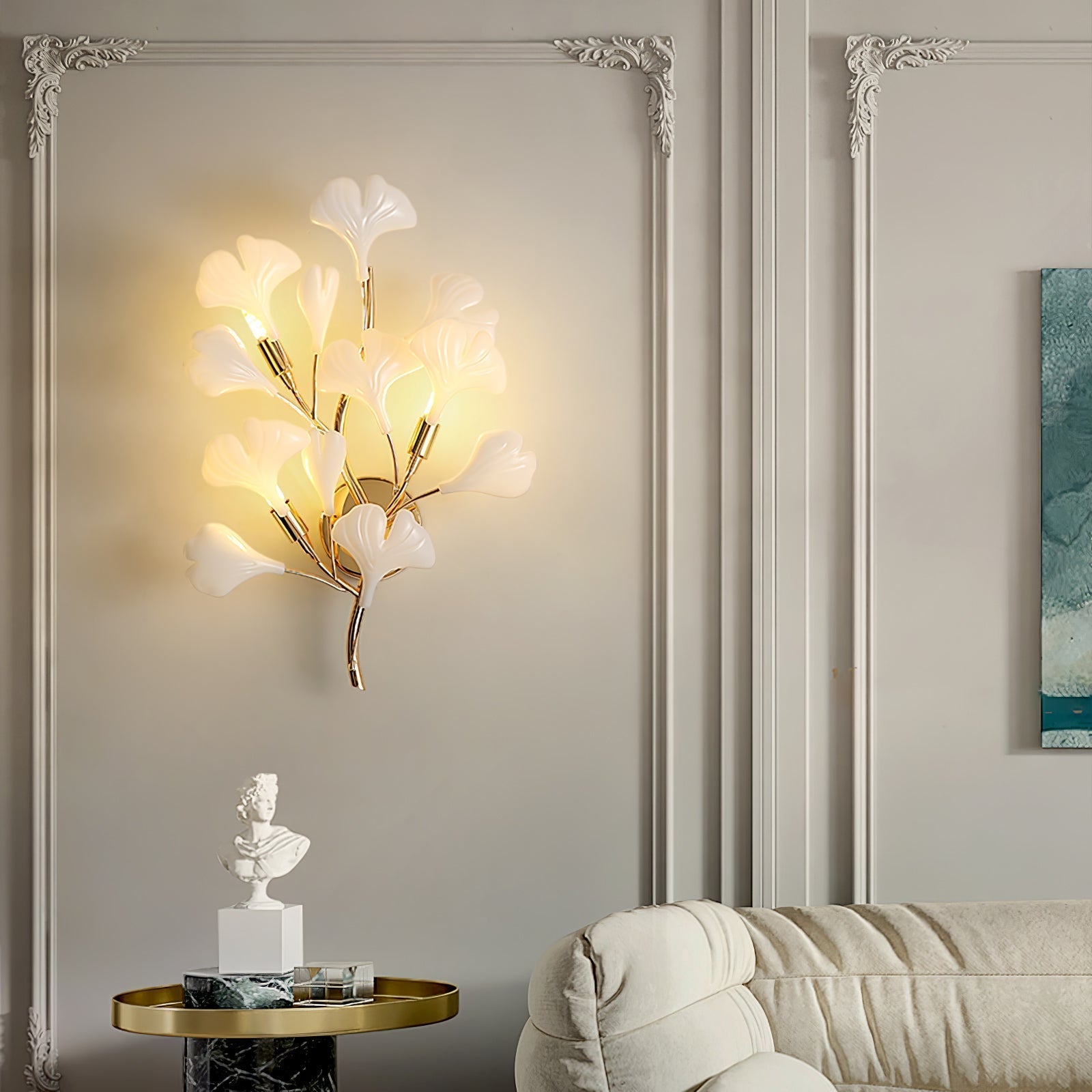 Elegant Gold and White Ginkgo Leaf Wall Sconce Indoor Ceramic Accent Lighting