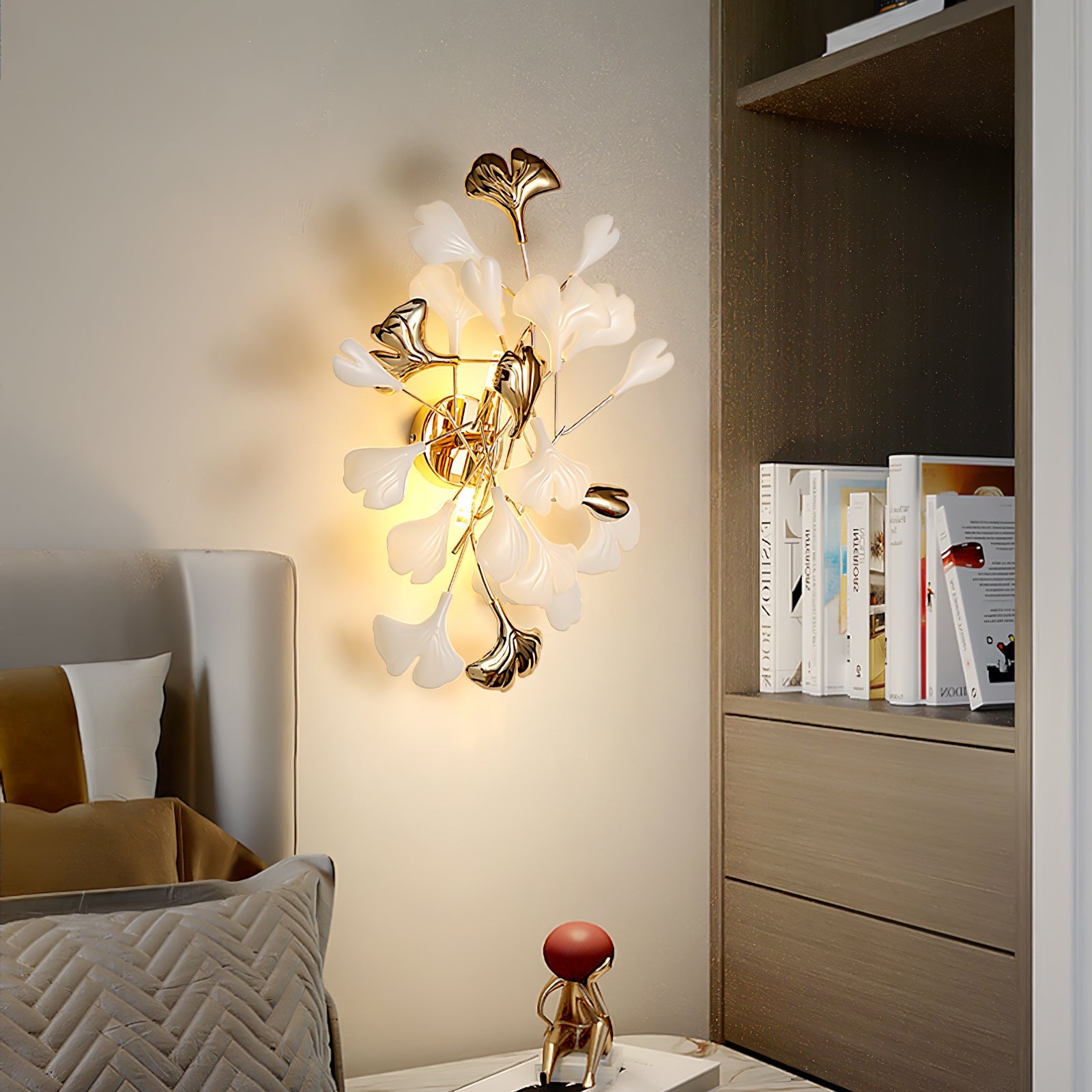 Elegant Gold and White Ginkgo Leaf Wall Sconce Indoor Ceramic Accent Lighting