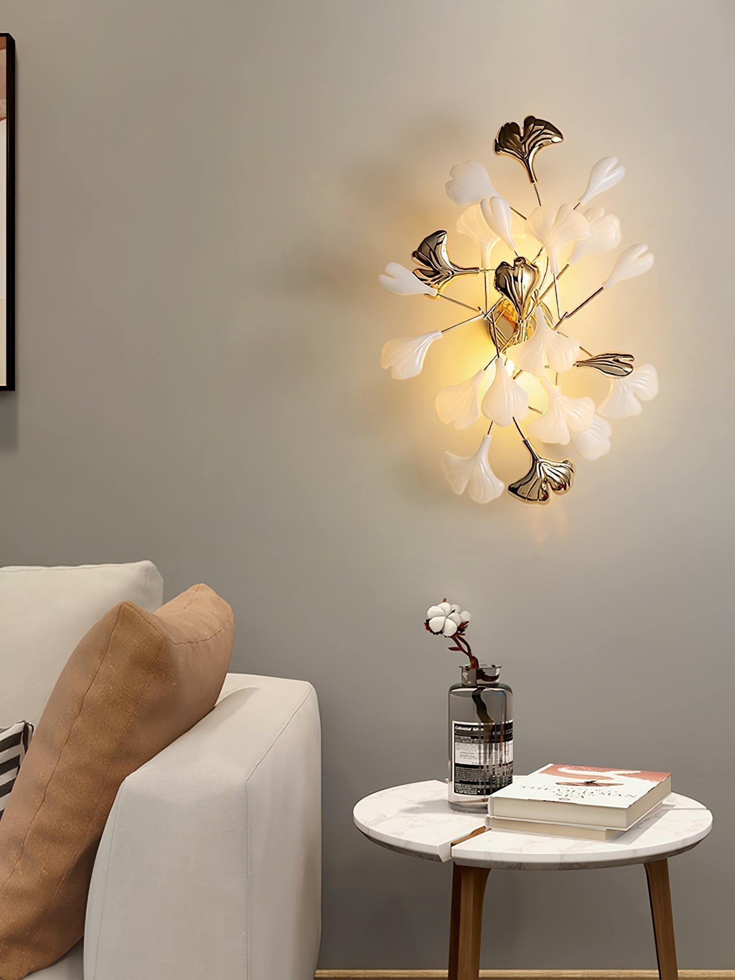 Elegant Gold and White Ginkgo Leaf Wall Sconce Indoor Ceramic Accent Lighting