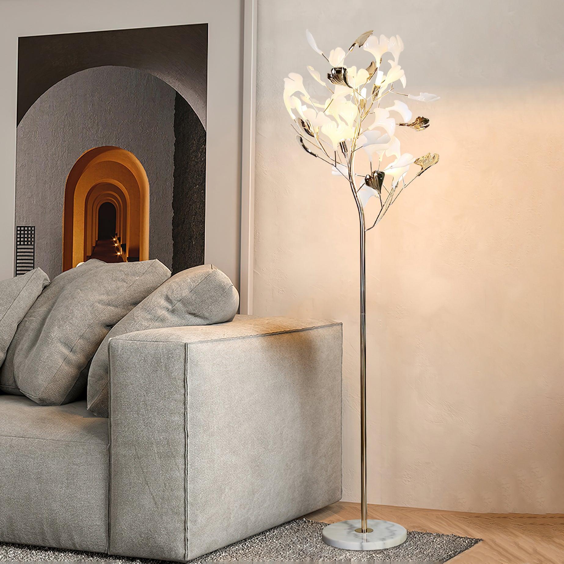 Luxury Porcelain Ginkgo Leaf Accent Standing Floor Lamp in Gold Finish