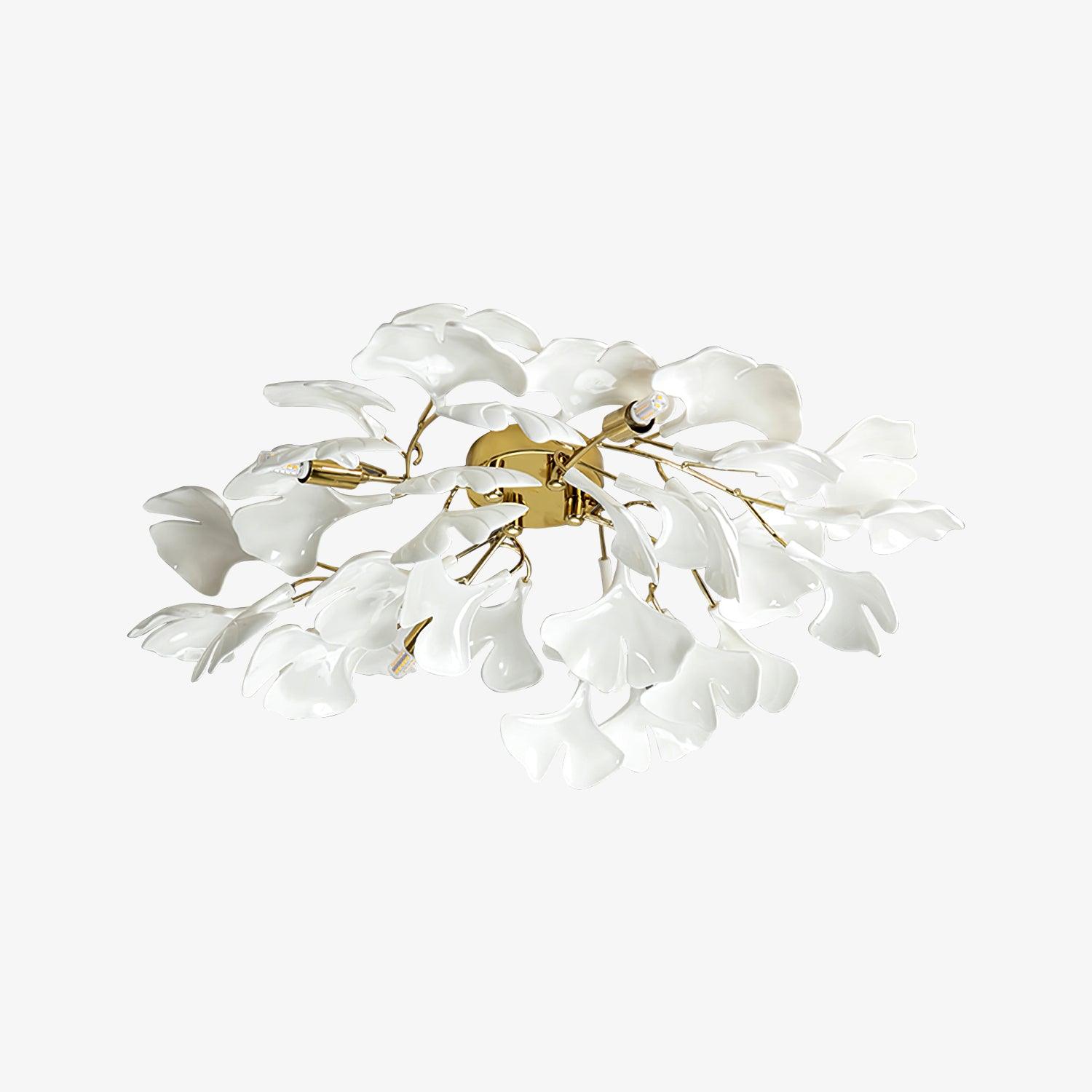 Modern Gold Ginkgo Leaf Flush Mount Ceiling Light with White Ceramic Accents