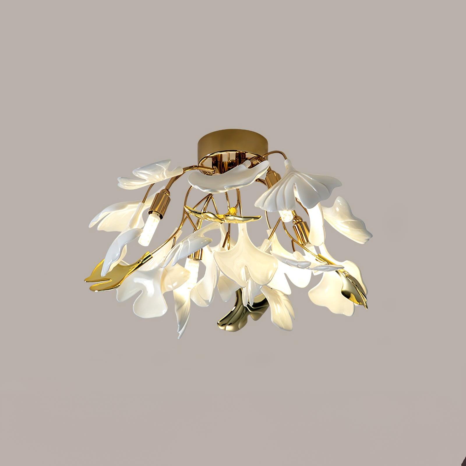 Modern Gold Ginkgo Leaf Flush Mount Ceiling Light with White Ceramic Accents