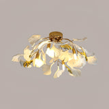 Modern Gold Ginkgo Leaf Flush Mount Ceiling Light with White Ceramic Accents