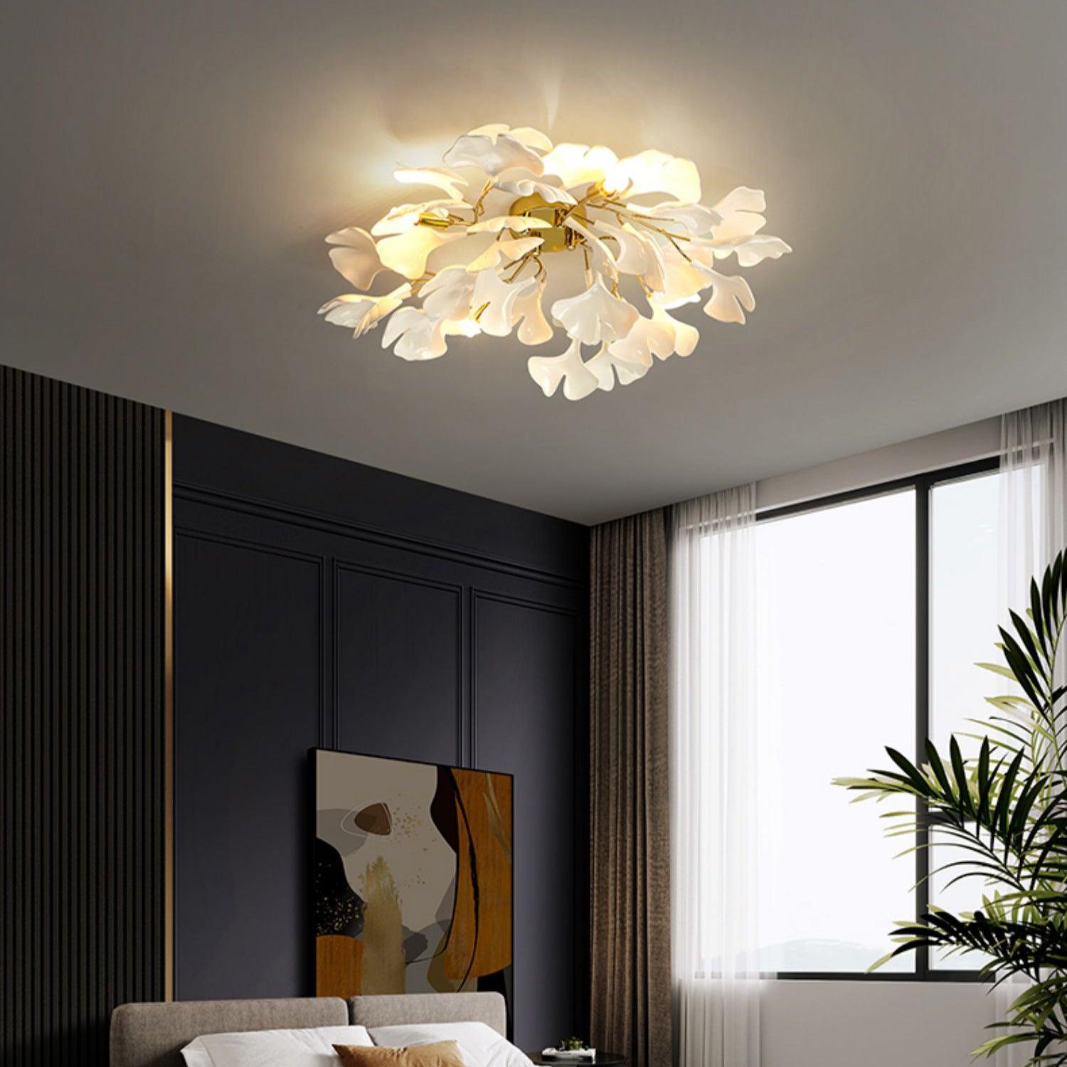 Modern Gold Ginkgo Leaf Flush Mount Ceiling Light with White Ceramic Accents