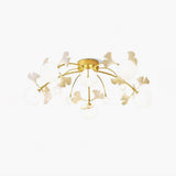 Modern Ginkgo Branch Glass Globe Ceiling Light Gold Semi Flush Mount Chandelier
