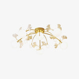 Modern Ginkgo Branch Glass Globe Ceiling Light Gold Semi Flush Mount Chandelier