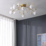 Modern Ginkgo Branch Glass Globe Ceiling Light Gold Semi Flush Mount Chandelier