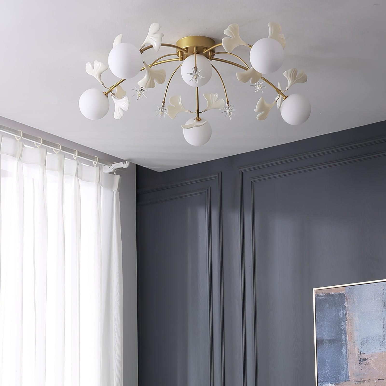 Modern Ginkgo Branch Glass Globe Ceiling Light Gold Semi Flush Mount Chandelier