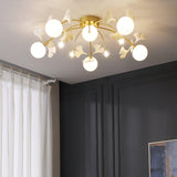 Modern Ginkgo Branch Glass Globe Ceiling Light Gold Semi Flush Mount Chandelier