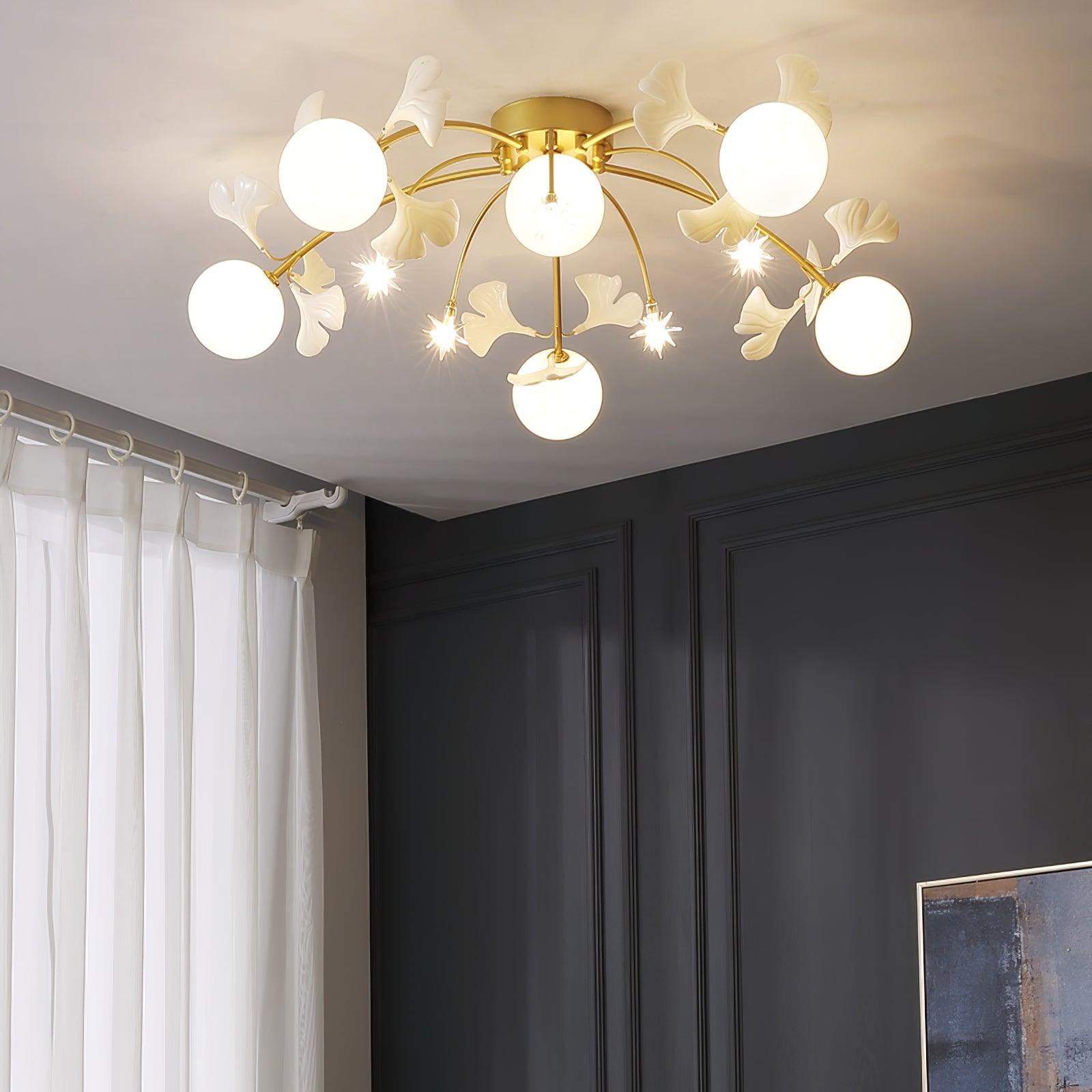 Modern Ginkgo Branch Glass Globe Ceiling Light Gold Semi Flush Mount Chandelier