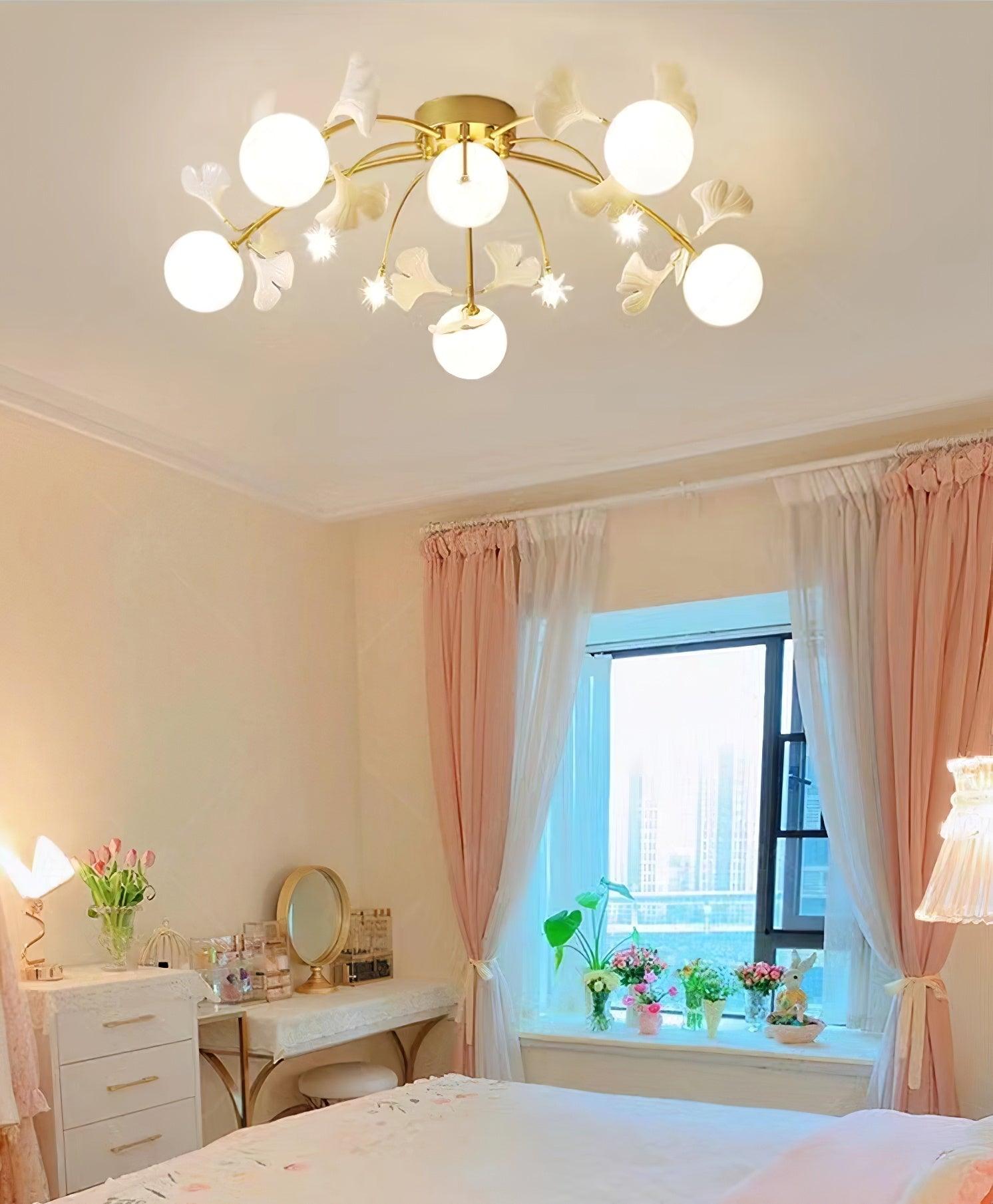 Modern Ginkgo Branch Glass Globe Ceiling Light Gold Semi Flush Mount Chandelier