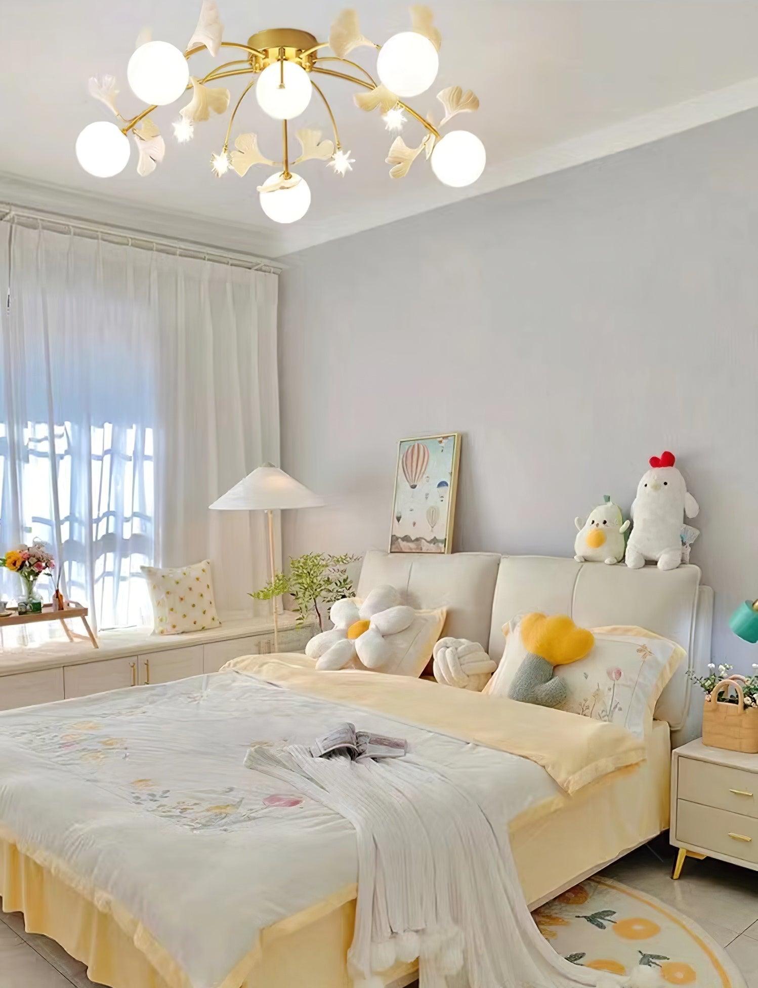 Modern Ginkgo Branch Glass Globe Ceiling Light Gold Semi Flush Mount Chandelier