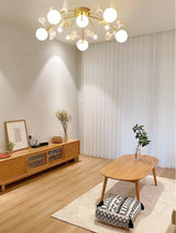 Modern Ginkgo Branch Glass Globe Ceiling Light Gold Semi Flush Mount Chandelier