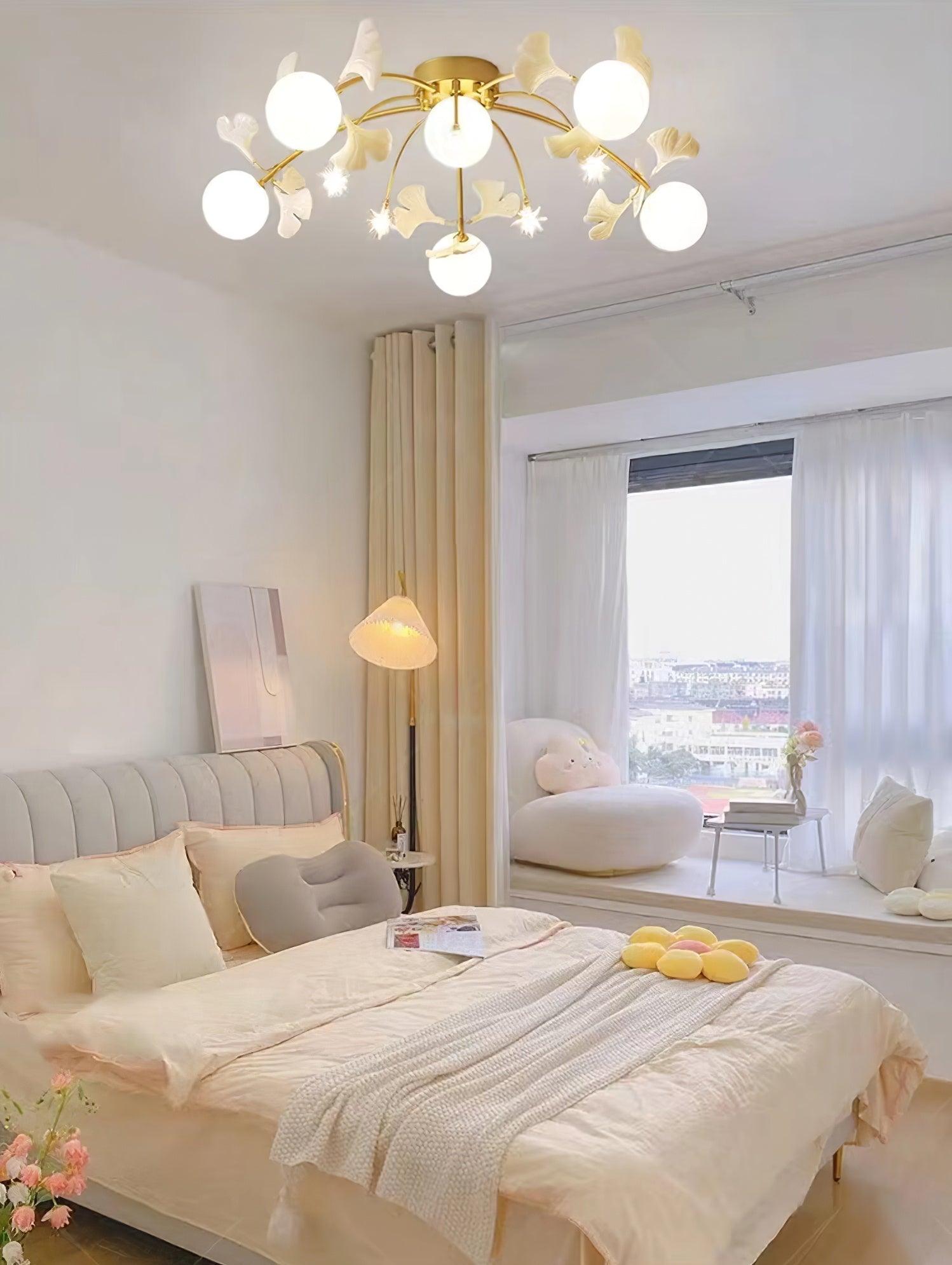 Modern Ginkgo Branch Glass Globe Ceiling Light Gold Semi Flush Mount Chandelier