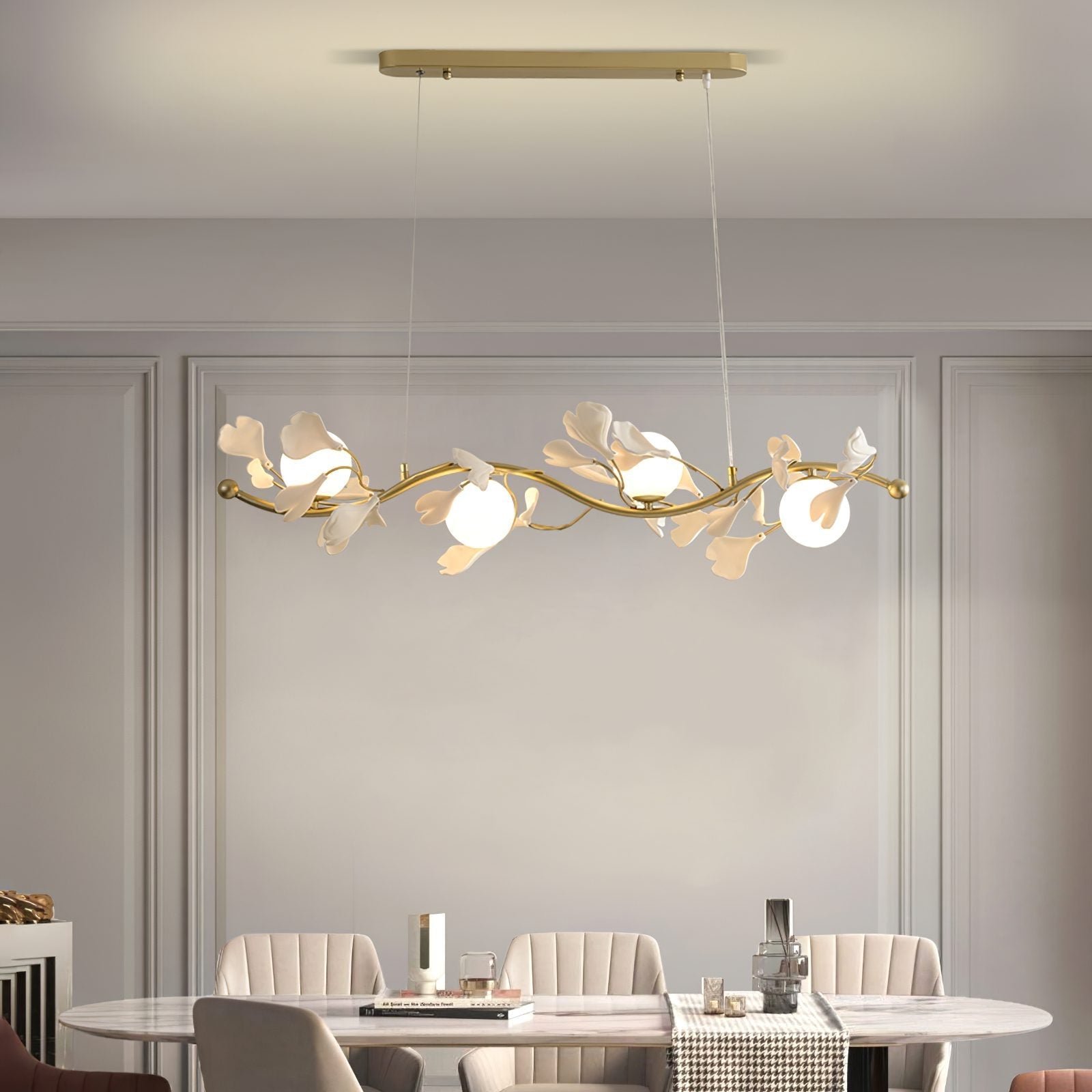 luxury-ginkgo-leaf-linear-chandelier-gold-metal-bar-light-with-white-ceramic-petal-shades