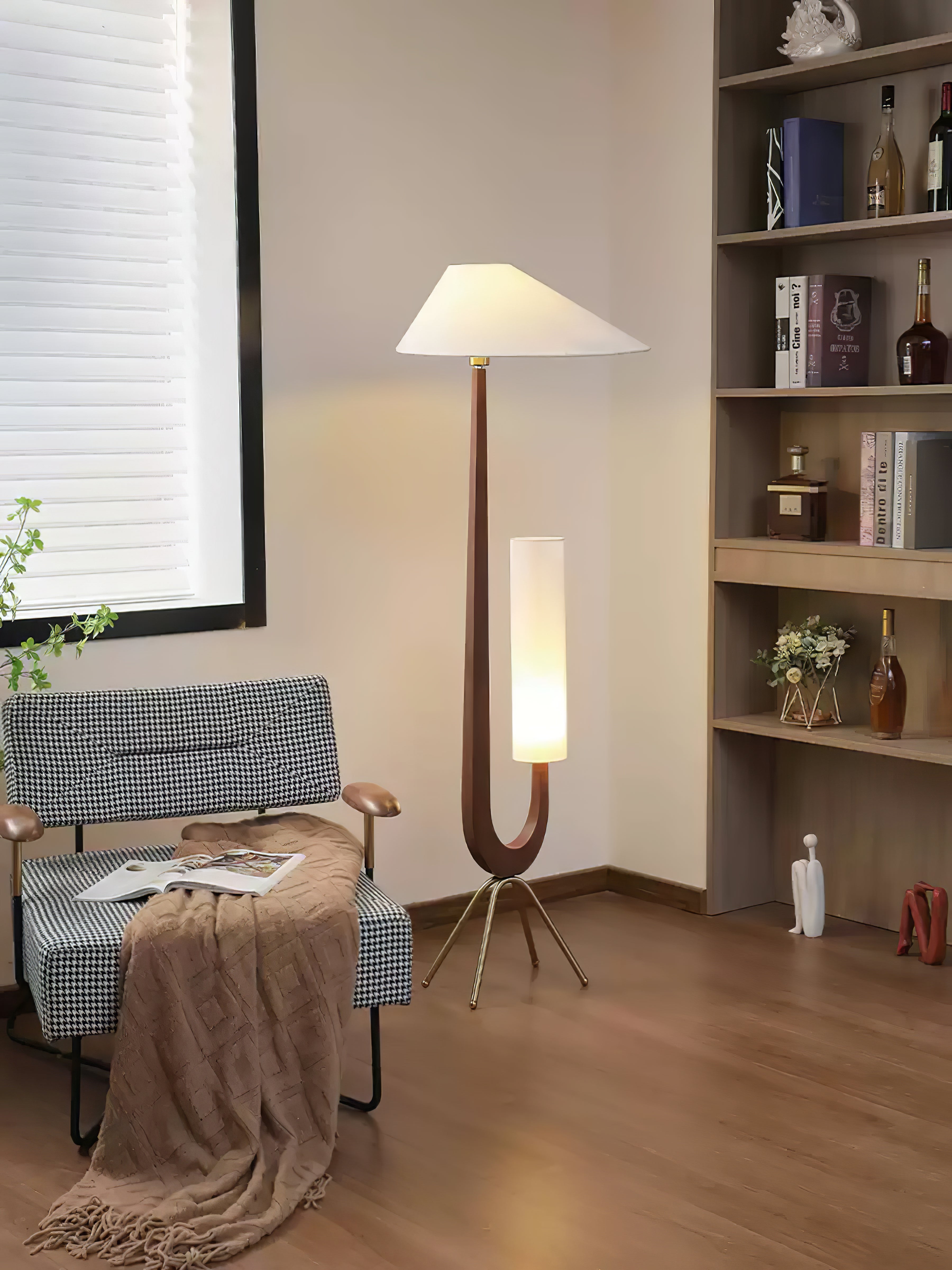 Modern Giraffe Torchiere Floor Lamp Walnut and Stainless Steel Standing Light with White Shade