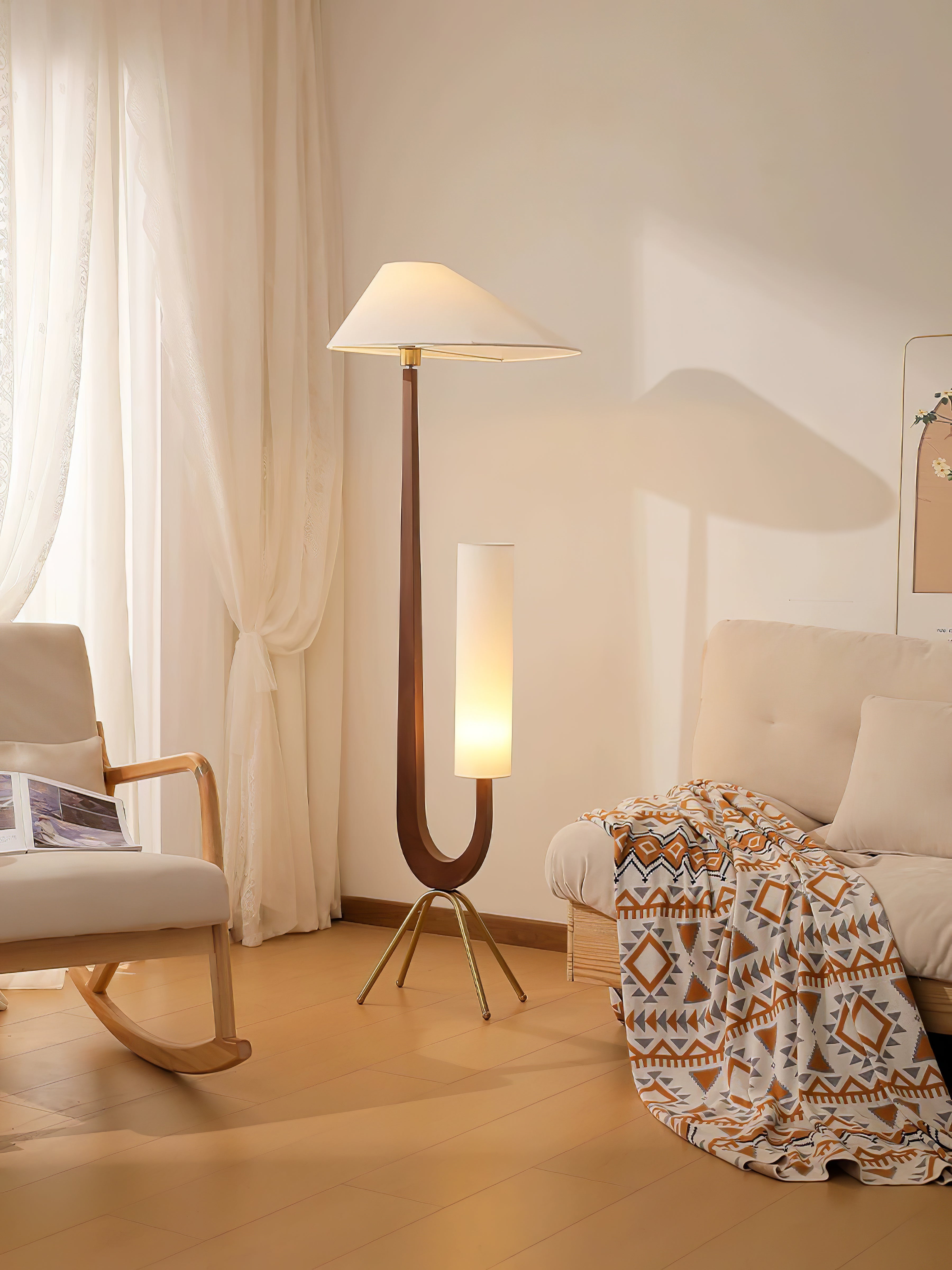 Modern Giraffe Torchiere Floor Lamp Walnut and Stainless Steel Standing Light with White Shade