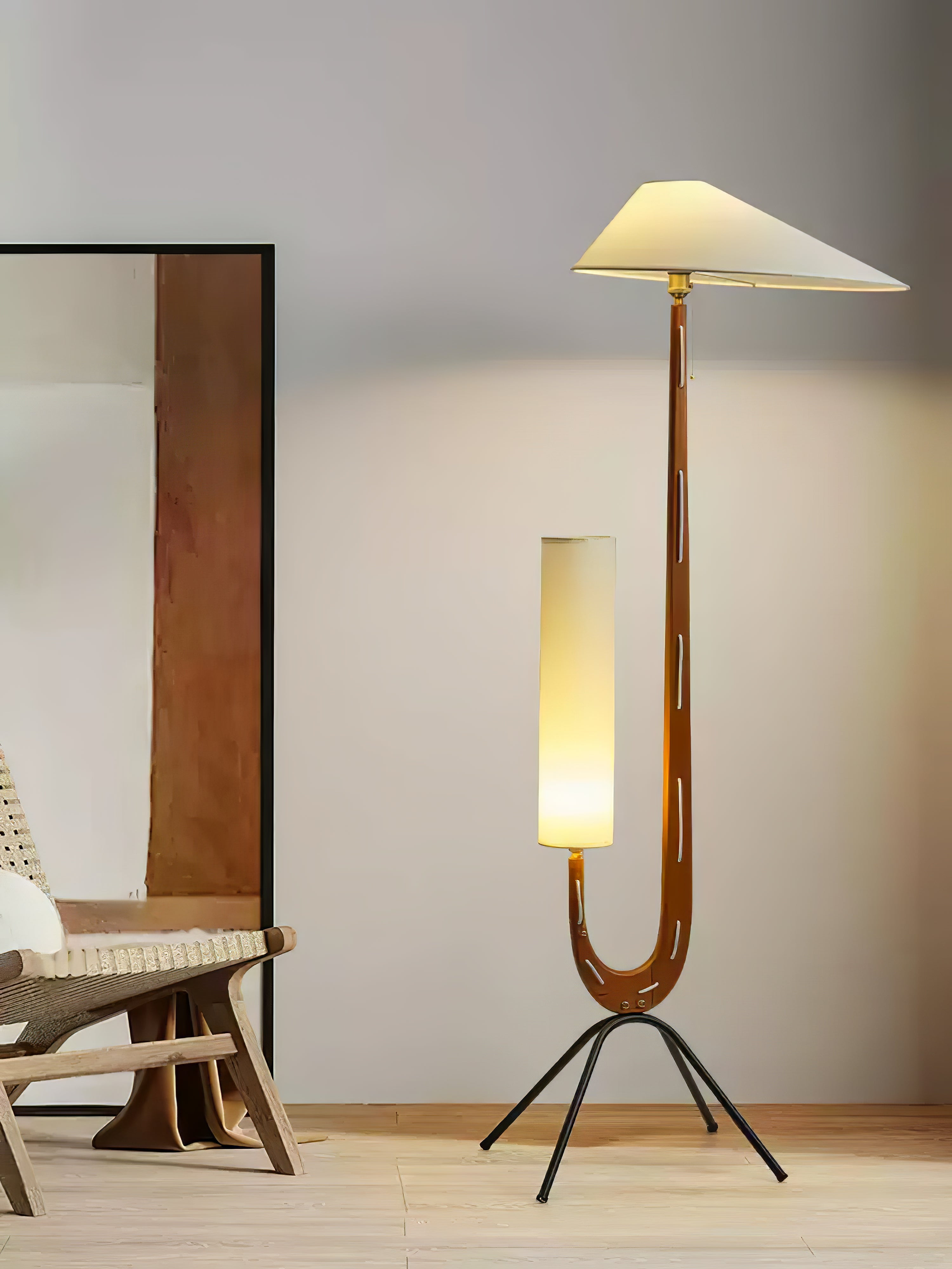 Modern Giraffe Torchiere Floor Lamp Walnut and Stainless Steel Standing Light with White Shade