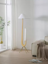 Modern Giraffe Torchiere Floor Lamp Walnut and Stainless Steel Standing Light with White Shade