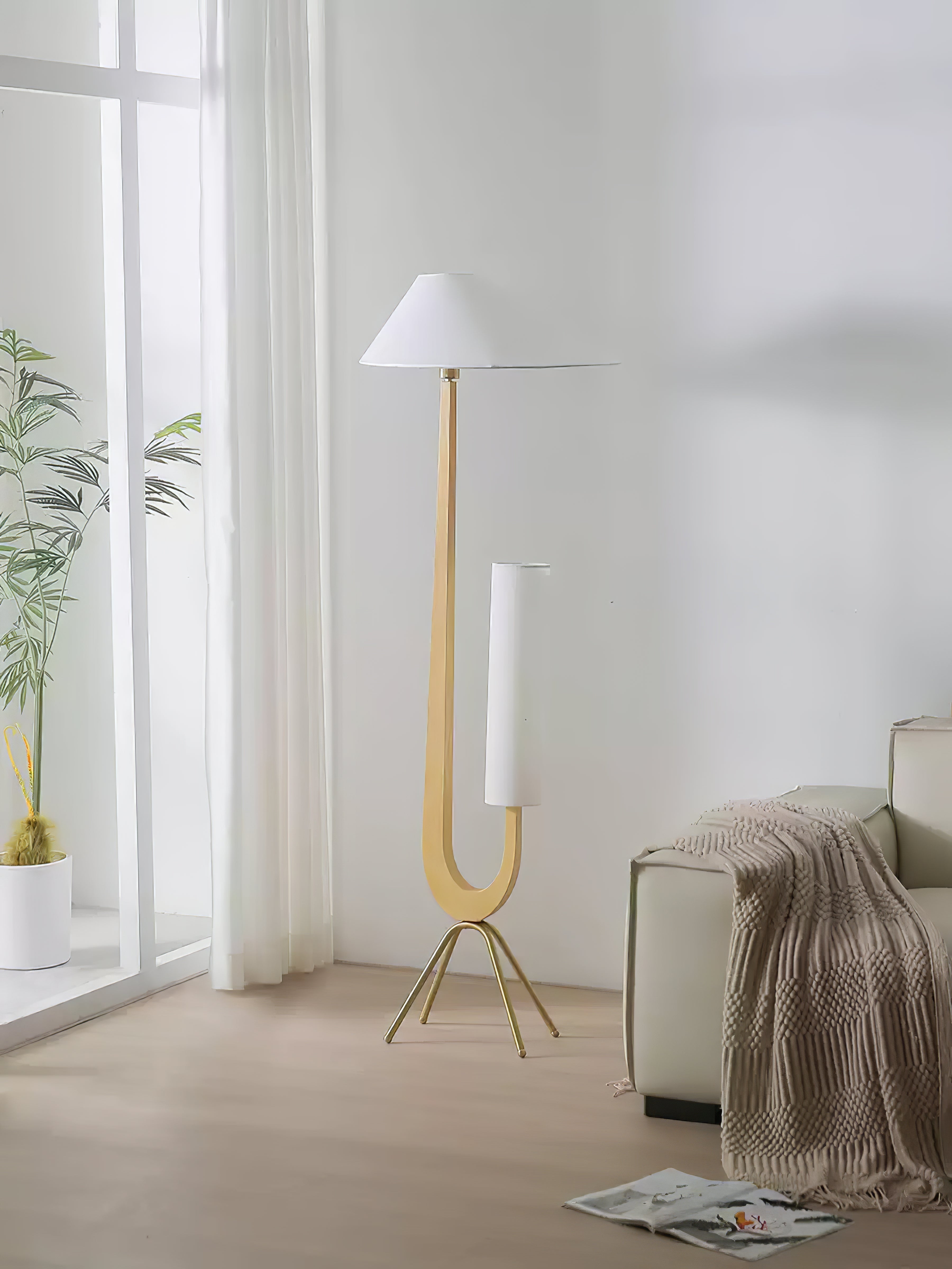 Modern Giraffe Torchiere Floor Lamp Walnut and Stainless Steel Standing Light with White Shade