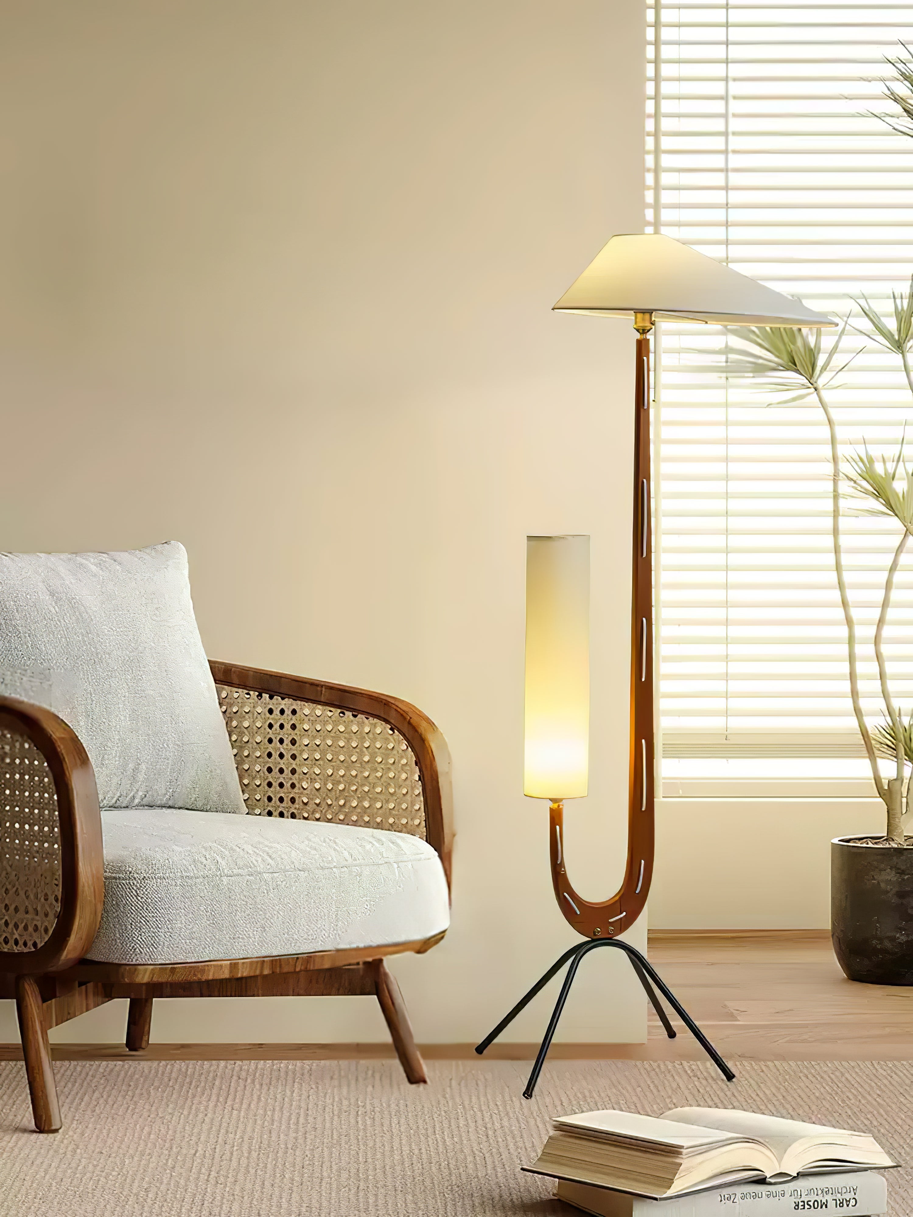 Modern Giraffe Torchiere Floor Lamp Walnut and Stainless Steel Standing Light with White Shade