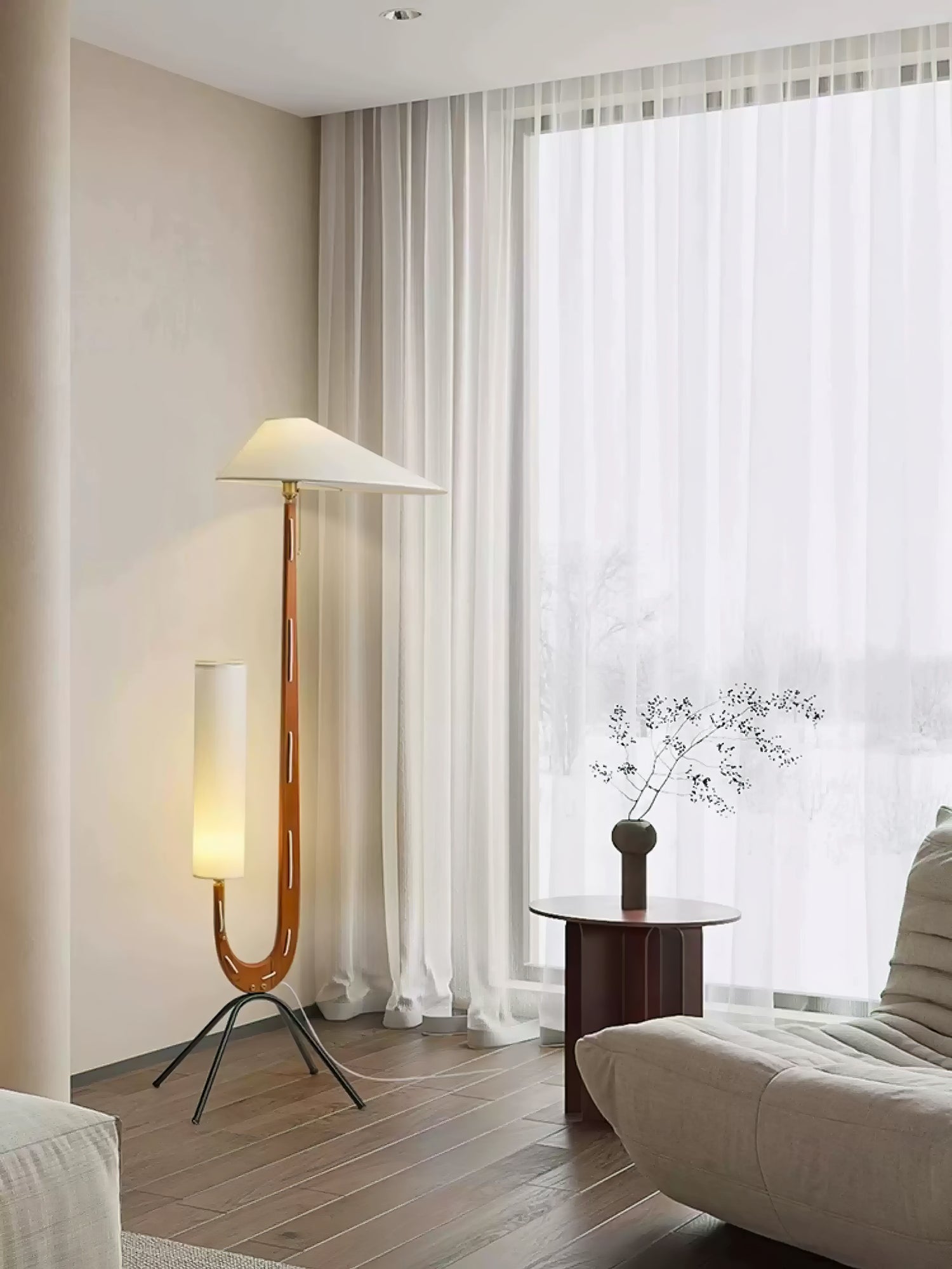 Modern Giraffe Torchiere Floor Lamp Walnut and Stainless Steel Standing Light with White Shade