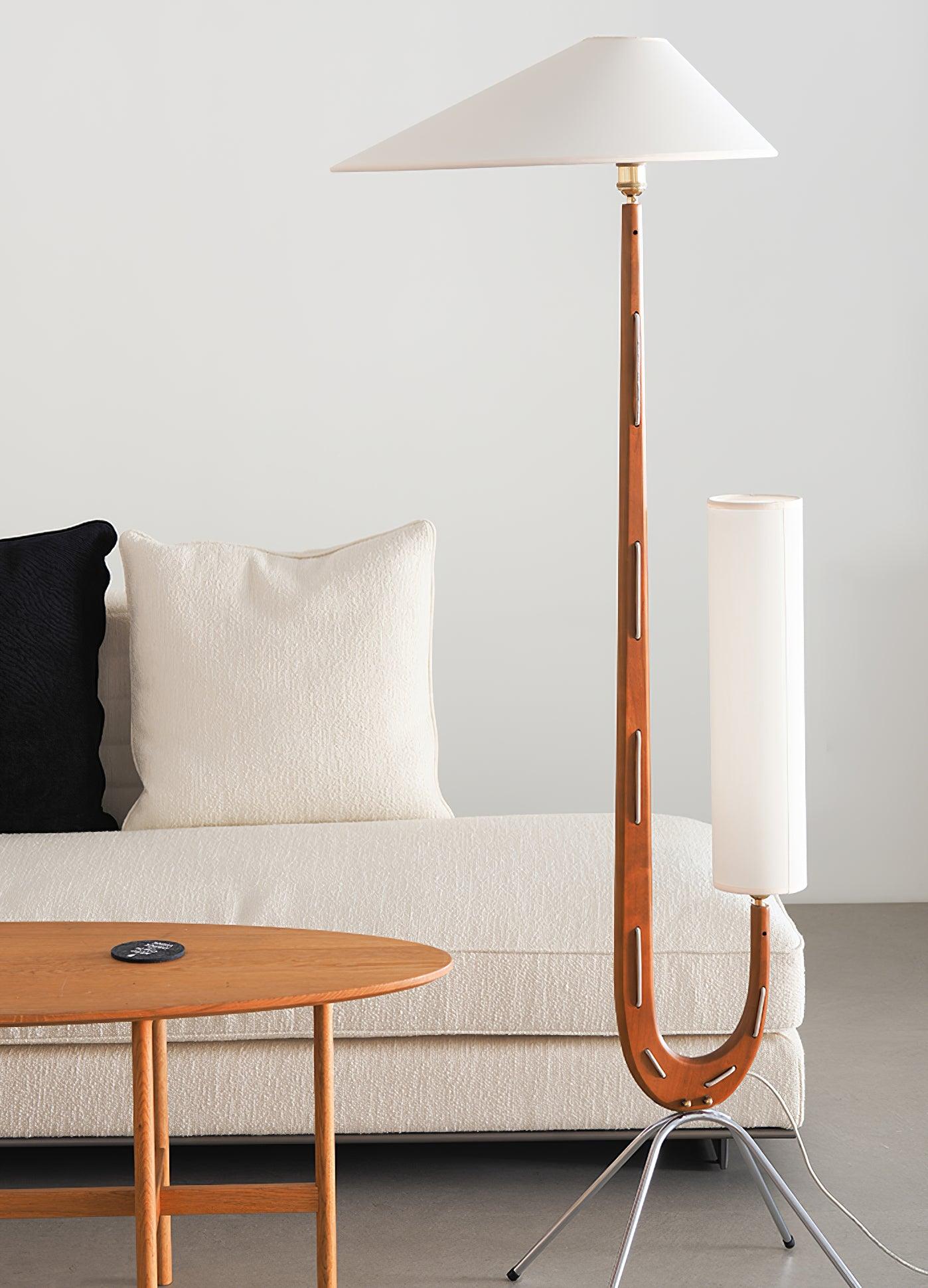 Modern Giraffe Torchiere Floor Lamp Walnut and Stainless Steel Standing Light with White Shade