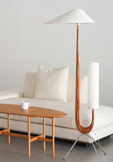 Modern Giraffe Torchiere Floor Lamp Walnut and Stainless Steel Standing Light with White Shade
