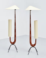 Modern Giraffe Torchiere Floor Lamp Walnut and Stainless Steel Standing Light with White Shade